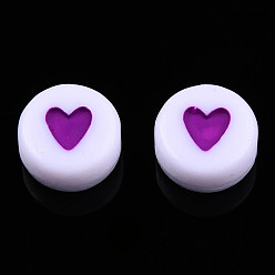 Blue Violet Opaque Acrylic Beads, with Enamel, Flat Round with Heart, Blue Violet, 7x3.5mm, Hole: 1.2mm, about 3600~3700pcs/500g