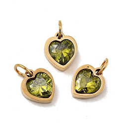 Olive Drab Vacuum Plating 304 Stainless Steel Pendants, with Cubic Zirconia and Jump Rings, Single Stone Charms, Heart, Golden, Olive Drab, 9x8x3mm, Hole: 3.6mm
