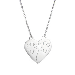 Flower Stainless Steel Heart Pendant Necklaces, Valentine's Day Necklace Gift for Men Women, Flower Pattern, 17-3/4 inch(45cm)