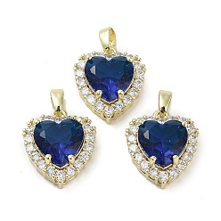 Темно-Синий Настоящие позолоченные подвески из латуни с микропаве из кубического циркония, со стеклом, долговечный, без кадмия и без свинца, сердце, темно-синий, 18 мм, отверстие : 17x15x7 мм