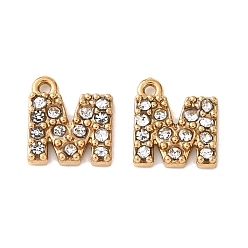 Letter M Ионное покрытие (ip) 304 подвески со стразами из нержавеющей стали, золотые, Буква М, 8.5x7.5x2, отверстие : 1 мм