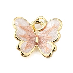 Pink Латунь эмаль прелести, бабочки прелести, без свинца и без кадмия, стойки покрытие, долговечный, с целью перехода в кольце, реальный 18 k позолоченный, розовые, 14.5x15x3 мм, отверстие : 3 мм