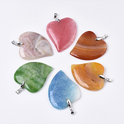 Mixed Color Natural Agate Pendants, with Platinum Plated Brass Pinch Bails, Dyed, Heart, Mixed Color, 45~46x40~43x5~8mm, Hole: 4x5mm