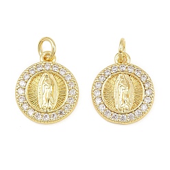 Real 16K Gold Plated Religion Brass Micro Pave Clear Cubic Zirconia Pendants, Flat Round with Virgin Mary Charms, Real 16K Gold Plated, 15.5x13x2.5mm, Hole: 3mm