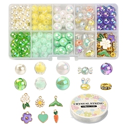 Mixed Color DIY Cute Bracelet Bracelet Making Kit, Including Imitation Pearl & Round Acrylic Beads, Flower & Heart & Carrot & Whale Tail Alloy Enamel Pendants, Mixed Color