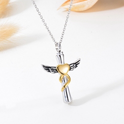 Antique Silver & Golden Stainless Steel Pendant Necklaces, Urn Ashes Necklaces, Heart with Wing, Antique Silver & Golden, 19.69 inch(50cm)