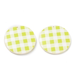 Yellow Green Schima Wood Double-faced Printed Pendants, Flat Round with Tartan Pattern Charms, Yellow Green, 39.5~40x5~5.5mm, Hole: 1.6mm
