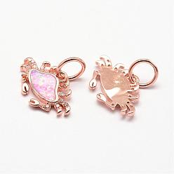 White Brass Micro Pave Cubic Zirconia Charms, with Synthetic Opal, Crab, Rose Gold, White, 10x15x2mm, Hole: 4.5mm