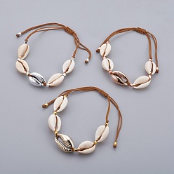 Shell Cowrie Shell Beads Braided Bead Bracelets, with Polyester Cords, Electroplated Cowrie Shell Beads, 1-3/8 inch~3-5/8 inch(3.65~9.3cm)