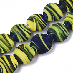 Yellow Green Handmade Frosted Lampwork Beads Strands, Stripe Beads, Flat Round, Yellow Green, 15~16x7.5~8mm, Hole: 1.2mm, about 35pcs/Strand, 19.69 inch~20.08 inch