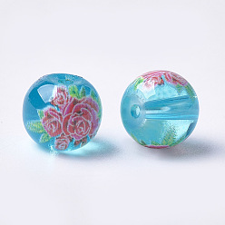 Light Sky Blue Printed & Spray Painted Transparent Glass Beads, Round with Flower Pattern, Light Sky Blue, 8~8.5x7.5mm, Hole: 1.4mm