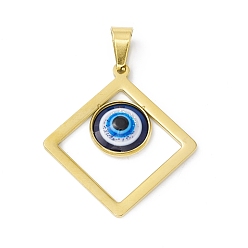 Midnight Blue Vacuum Plating 304 Stainless Steel Resin Pendants, Golden, Rhombus Charms with Evil Eye, Midnight Blue, 36x33x4mm, Hole: 9x4.5mm