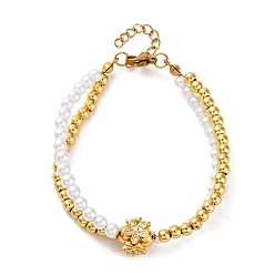 Цветок Латунь многожильных браслеты, браслеты со стразами для женщин, ионное покрытие (ip), реальный 18 k позолоченный, с пластиковой жемчужиной и 304 карабином из нержавеющей стали, цветок, 7 дюйм(17.8см)+34удлинитель мм