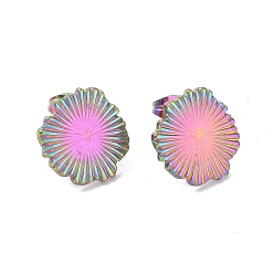 Rainbow Color Ion Plating(IP) 304 Stainless Steel Stud Earring Finding, with Vertical Loops, Flower, Rainbow Color, 15x15mm, Hole: 2.5mm, Pin: 0.9mm