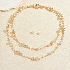 Белый Комплекты из круглых железных серег-гвоздиков и двухслойных ожерелий Rosr для женщин, с имитацией жемчуга, белые, ожерелья: 59.84 дюйм (152 см)