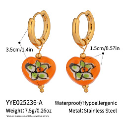 Оранжевый Серьги-кольца из нержавеющей стали и керамики в форме сердца, реальный 18 k позолоченный, оранжевые, 35x15 мм