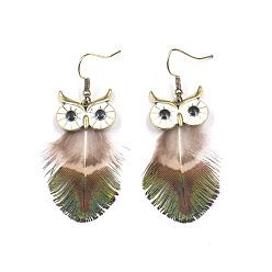 Dark Sea Green Feather Owl Dangle Earrings, Gold Plated Alloy Jewelry for Women, Dark Sea Green, 60x20mm