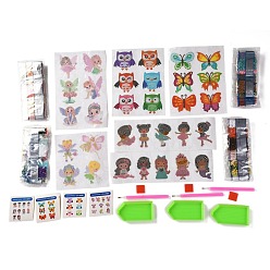 Mixed Color DIY Owl & Butterfly & Girl & Flower Fairy Diamond Painting Stickers Kits For Kids, with Diamond Painting Stickers, Rhinestones, Diamond Sticky Pen, Tray Plate and Glue Clay, Mixed Color, 21x13.5x0.03cm