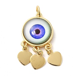 Royal Blue Real 18K Gold Plated Brass Pendants, with Acrylic and Jump Ring, Flat Round with Evil Eye Charms, Royal Blue, 28x14x5mm, Hole: 3.4mm