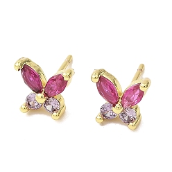 Cerise Butterfly Real 18K Gold Plated Brass Stud Earrings, with Clear Cubic Zirconia, Long-Lasting Plated, Lead Free & Cadmium Free, Cerise, 7.5x8.5mm
