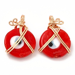 Red Wire Wrapped Handmade Lampwork Pendants, with Copper Findings, Real 18K Gold Plated, Long-Lasting Plated, Flat Round with Evil Eye, Red, 25x18x7mm, Hole: 2.9mm