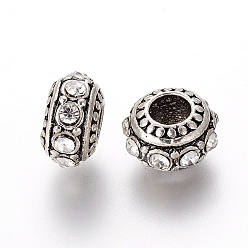 Crystal Alloy European Beads, with Rhinestone, Large Hole Beads, Rondelle, Antique Silver, Crystal, 13x7mm, Hole: 5mm
