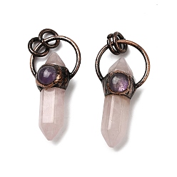 Розовый Кварц Подвески из натурального аметиста и розового кварца, подвески-пули с двумя концами в форме заостренных граней и латунными соединительными кольцами, без кадмия и без свинца, Красная медь, 37.5~38.5x19x12~13 мм, отверстие : 6 мм