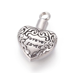 Antique Silver Retro 304 Stainless Steel Pendants, Perfume Bottle, Heart with Word Forever Loved, For Valentine's Day, Antique Silver, 30x19.5x8.5mm, Hole: 4mm