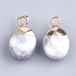 Howlite Electroplate Natural Howlite Charms, with Iron Findings, Faceted, Oval, Golden, 14~15x8x5~5.5mm, Hole: 1.8mm