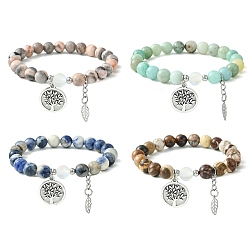 Mixed Stone Natural & Synthetic Gemstone Stretch Bracelets, Alloy Tree of Life Charms Bracelets for Women, Inner Diameter: 2 inch(5.2cm), Beads: 8mm