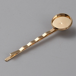 Light Gold Железная фурнитура шпильки для волос, плоская круглая оправа из кабошонов, золотой свет, 60x15.50x2 мм, лоток : 14 мм