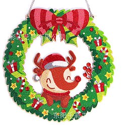 Deer Christmas Wreath DIY Diamond Painting Pendant Decoration Kits, Including Wood Boards, Curb Chains, Resin Rhinestones, Diamond Sticky Pens, Tray Plates and Glue Clay, Deer, 300x300mm