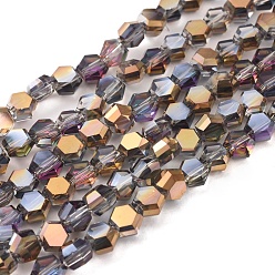 Golden Plated Electroplate Glass Beads Strands, Half Plated, Faceted, Hexagon, Golden Plated, 6x7x4mm, Hole: 1.2mm, about 100pcs/strand, 20.87 inch(53cm)