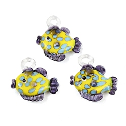 Зелено-Желтый Подвески лэмпворк ручной работы, тропические рыбки-талисманы, зеленый желтый, 24~30x25~27x8~10 мм, отверстие : 3~4 мм