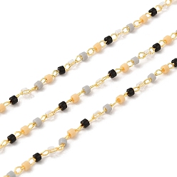 Black Glass Column Beaded Chains, with Rack Plating Golden Brass Cable Chain, Soldered, with with Card Paper, Black, Beads: 1.7x1.3mm, Ring: 2x1.6x0.7mm