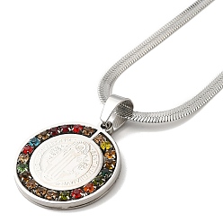 Stainless Steel Color Colorful Rhinestone Saint Benedict Pendant Necklaces, with 304 Stainless Steel Flat Snake Chains, Stainless Steel Color, 16.61 inch(42.2cm)
