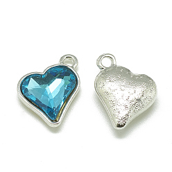 Deep Sky Blue Alloy Glass Pendants, Faceted, Heart, Platinum, Deep Sky Blue, 17x15x5mm, Hole: 1.5mm