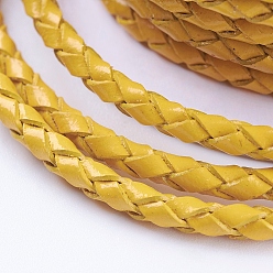Yellow Round Braided Cowhide Cords, Yellow, 3mm, about 10.93 yards(10m)/roll