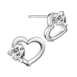 Clear SHEGRACE Rhodium Plated 925 Sterling Silver Ear Studs, with AAA Cubic Zirconia, Heart, Clear, 8mm