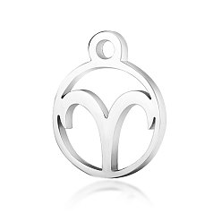 Aries 201 Stainless Steel Charms, Flat Round with Constellation, Stainless Steel Color, Aries, 13.4x10.8x1mm, Hole: 1.5mm