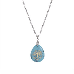 05-Turquoise Natural Stone Crystal Pendant Necklace with Tree of Life Design