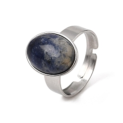 Sodalite Adjustable 304 Stainless Steel Finger Rings for Women, with Natural Sodalite, Oval, Stainless Steel Color, 17mm