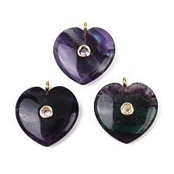 Флюорит Подвески из натурального фиолетового флюорита, Подвески в форме сердца с фурнитурой из латуни, инкрустированной микрофибровыми циркониями (случайного цвета)., золотые, 27~28x25x7.5~8 мм, отверстие : 2.5 мм