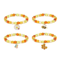 Dodger Blue 4Pcs 4 Style Acrylic Round Beaded Stretch Bracelets Set, Flower & Bee & Honeycomb & Butterfly Alloy Enamel Charms Stackable Bracelets for Women, Dodger Blue, Charm: 15~21x11~17x1.5~3mm, Inner Diameter: 2-1/4 inch(5.7cm), 1Pc/style