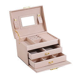 Pink 3-Layer Imitation Leather Jewelry Drawer Organizer Box with Handle and Mirror Inside, for Necklaces, Rings, Earrings and Pendants, Rectangle, Pink, 18x14x13cm