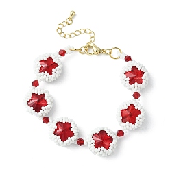 Red MIYUKI Glass Seed & Lampwork & Rhinestone Braided Star Link Chain Bracelets, Red, 7-1/8 inch(18cm)