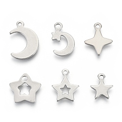 Stainless Steel Color 201 Stainless Steel Charms, Laser Cut, Star and Moon, Stainless Steel Color, 10.5~16x9~12x0.7~0.8mm, Hole: 1.2~1.8mm, 6 patterns, 1 pattern/200pcs