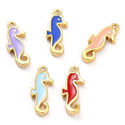 Mixed Color Golden Brass Enamel Pendants, Long-Lasting Plated, Sea Horse, Mixed Color, 16x6x2mm, Hole: 1.1mm