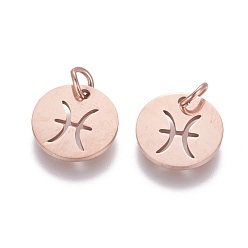 Pisces 304 Stainless Steel Charms, Flat Round with Constellation/Zodiac Sign, Rose Gold, Pisces, 12x1mm, Hole: 3mm