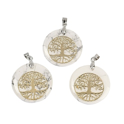 Говлит Плоские круглые подвески из натурального говлита, подвески в виде дерева жизни с платиновым покрытием, латунные, с застежкой на дужке, без кадмия и без свинца, 30.5~32x25~25.5x6.5~7.5 мм, отверстие : 4.5x3.5 мм